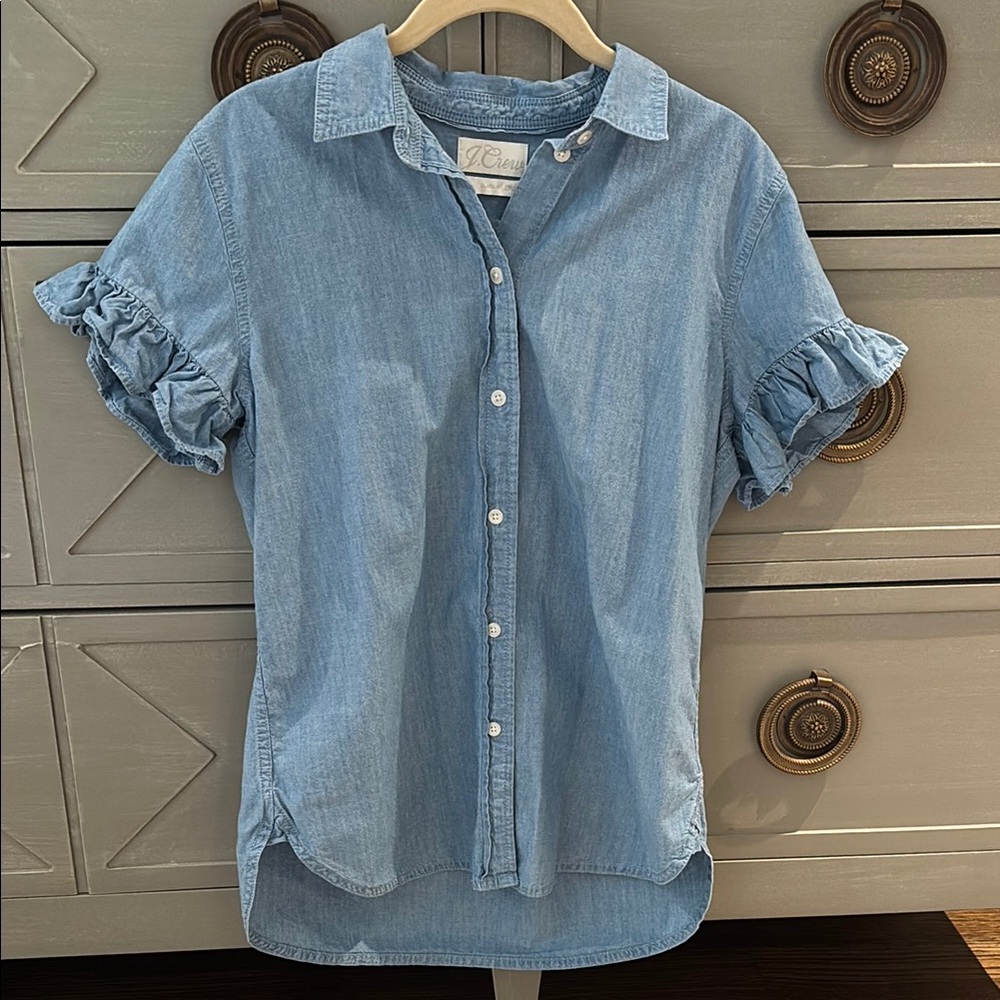 Chambray Ruffle Sleeve Button Down Shirt